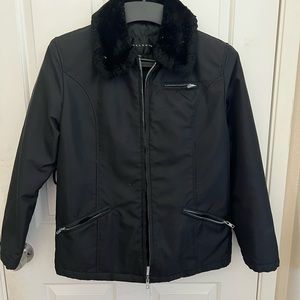 black coat with fur trim